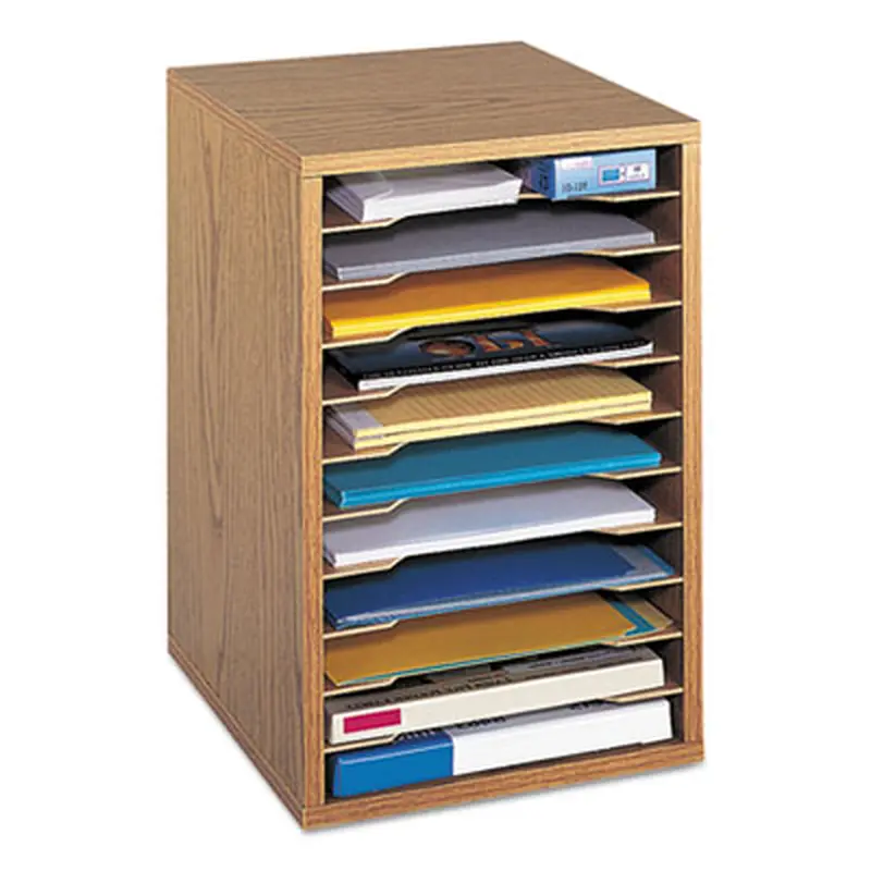 Wood Vertical Desktop Sorter, 11 Compartments, 10.63 x 11.88 x 16, Medium Oak - Literature Sorters | Safco