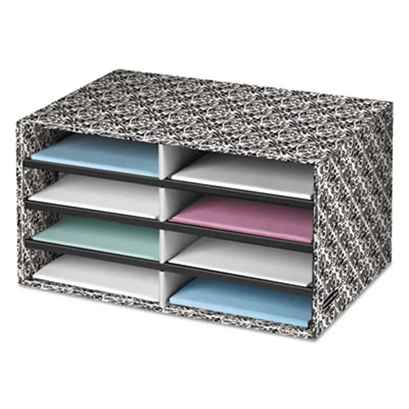 Decorative Sorter, 8 Letter Compartments, 19.5 x 12.38 x 10.25, Black/White Brocade - Literature Sorters | Bankers Box