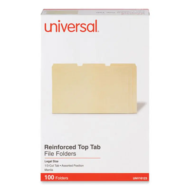 Double-Ply Top Tab Manila File Folders, 1/3-Cut Tabs: Assorted, Legal Size, 0.75" Expansion, Manila, 100/Box - File Folders | Universal