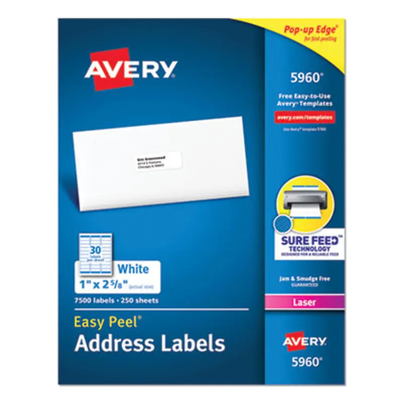 Easy Peel White Address Labels w/ Sure Feed Technology, Laser Printers, 1 x 2.63, White, 30/Sheet, 250 Sheets/Pack - Shipping & Mailing Labels | Avery