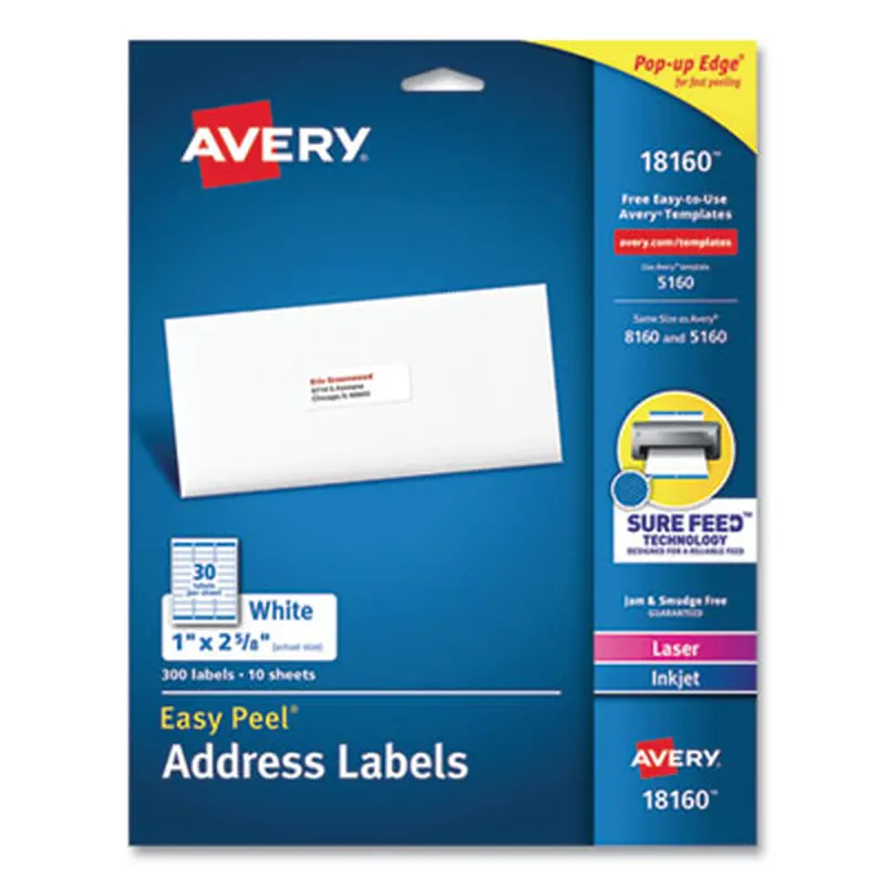 Easy Peel White Address Labels with Sure Feed Technology, Inkjet Printers, 1 x 2.63, White, 30/Sheet, 10 Sheets/Pack - Shipping & Mailing Labels | Avery