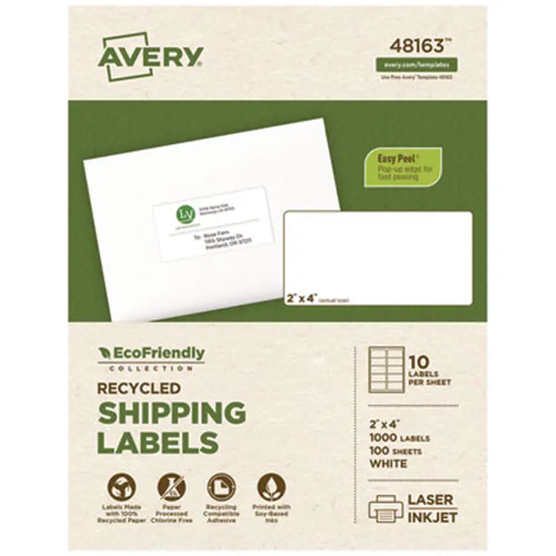 EcoFriendly Mailing Labels, Inkjet/Laser Printers, 2 x 4, White, 10/Sheet, 100 Sheets/Pack - Shipping & Mailing Labels | Avery
