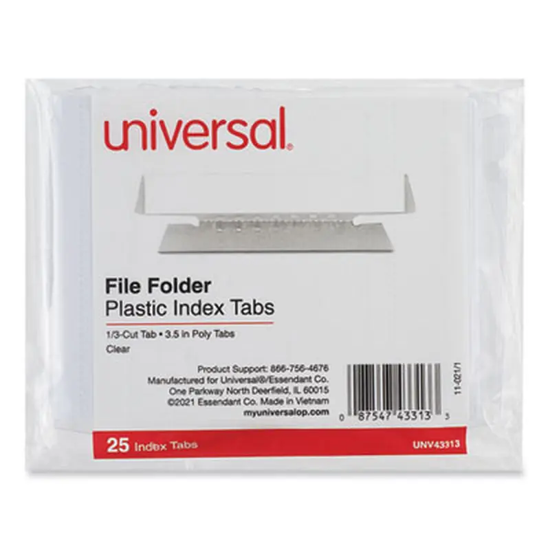 Hanging File Folder Plastic Index Tabs, 1/3-Cut, Clear, 3.7" Wide, 25/Pack - File Inserts/Tabs | Universal