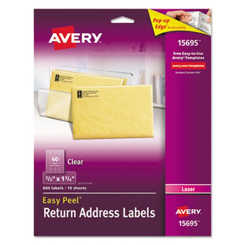 Matte Clear Easy Peel Mailing Labels w/ Sure Feed Technology, Laser Printers, 0.66 x 1.75, Clear, 60/Sheet, 10 Sheets/Pack - Shipping & Mailing Labels | Avery