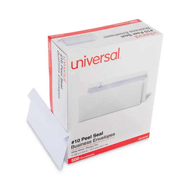 Peel Seal Strip Security Tint Business Envelope, #10, Square Flap, Self-Adhesive Closure, 4.25 x 9.63, White, 500/Box - Business Envelopes | Universal