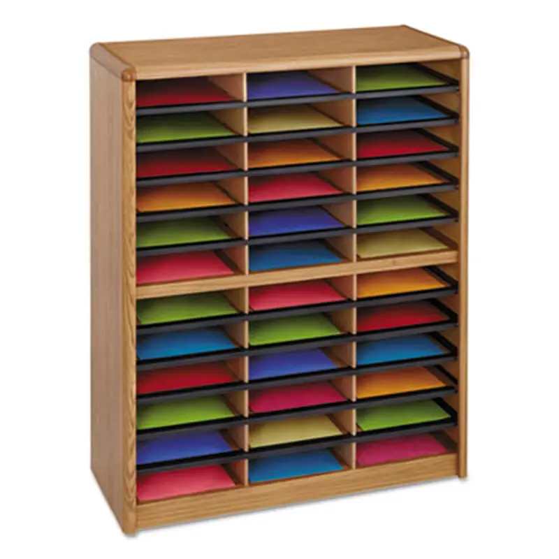 Steel/Fiberboard Literature Sorter, 36 Compartments, 32.25 x 13.5 x 38, Oak - Literature Sorters | Safco
