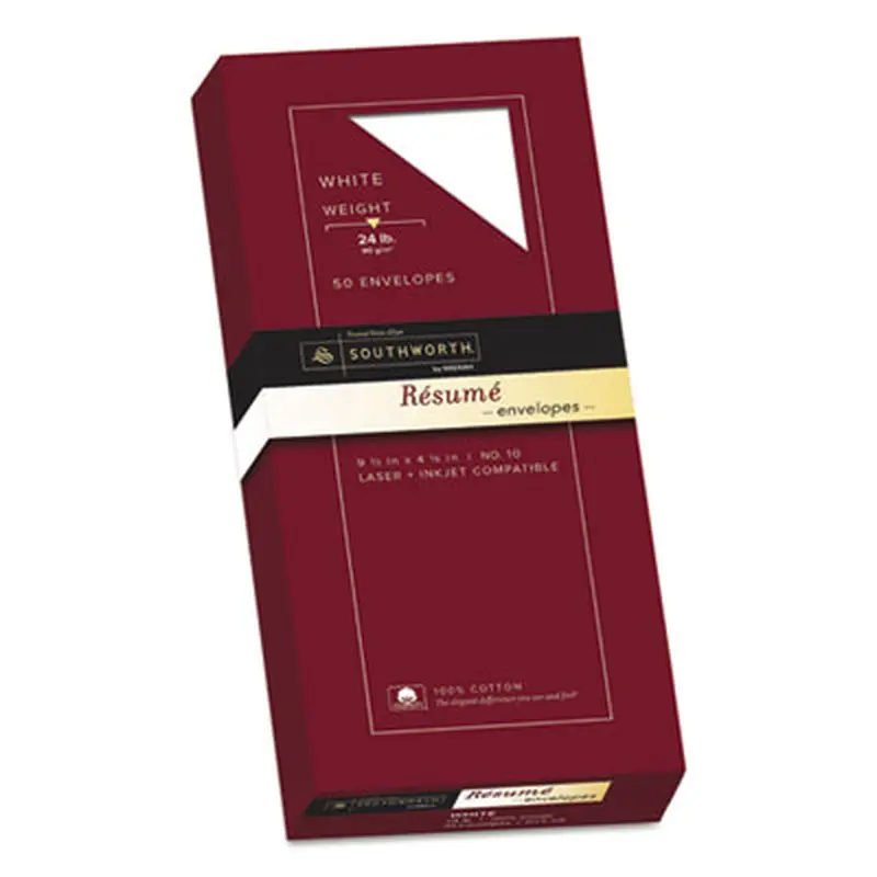 100% Cotton Resume Envelope, #10, Commercial Flap, Gummed Closure, 4.13 x 9.5, White, 50/Box - Business Envelopes | Southworth