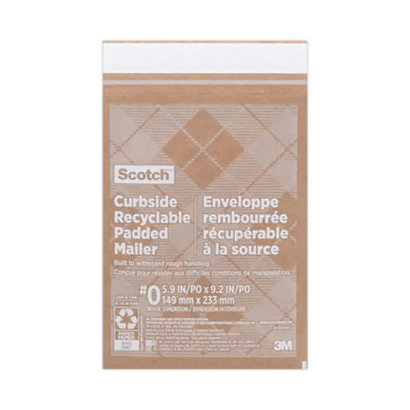 Curbside Recyclable Padded Mailer, #0, Bubble Cushion, Self-Adhesive Closure, 7 x 11.25, Natural Kraft, 100/Carton - Envelopes & Mailers | Scotch