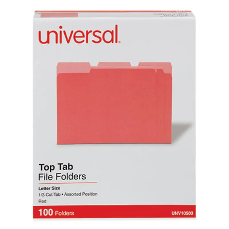 Deluxe Colored Top Tab File Folders, 1/3-Cut Tabs: Assorted, Letter Size, Red/Light Red, 100/Box - File Folders | Universal