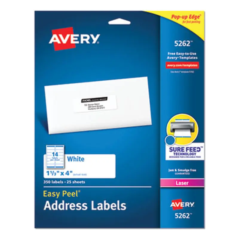 Easy Peel White Address Labels w/ Sure Feed Technology, Laser Printers, 1.33 x 4, White, 14/Sheet, 25 Sheets/Pack - Shipping & Mailing Labels | Avery