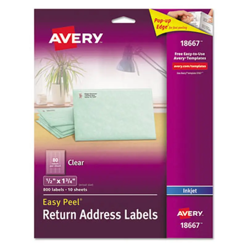 Matte Clear Easy Peel Mailing Labels w/ Sure Feed Technology, Inkjet Printers, 0.5 x 1.75, Clear, 80/Sheet, 10 Sheets/Pack - Shipping & Mailing Labels | Avery
