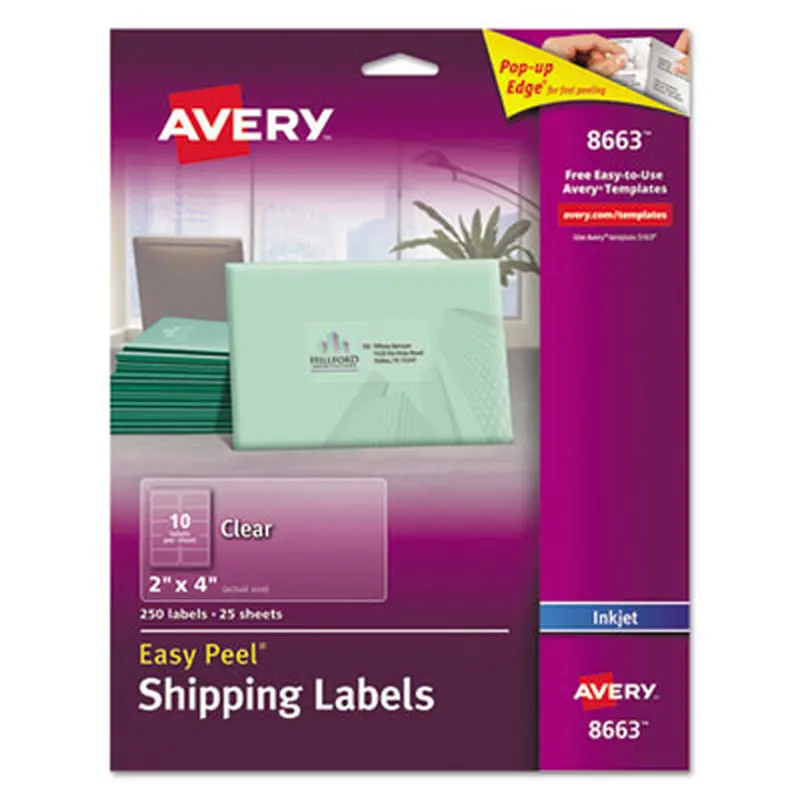 Matte Clear Easy Peel Mailing Labels w/ Sure Feed Technology, Inkjet Printers, 2 x 4, Clear, 10/Sheet, 25 Sheets/Pack - Shipping & Mailing Labels | Avery
