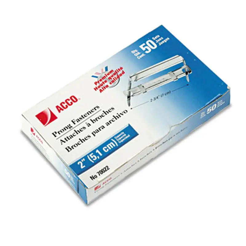 Premium Two-Piece Two-Prong Paper Fastener Base and Compressor Sets, 2" Capacity, 2.75" Center to Center, Silver, 50/Box - File Fasteners | ACCO