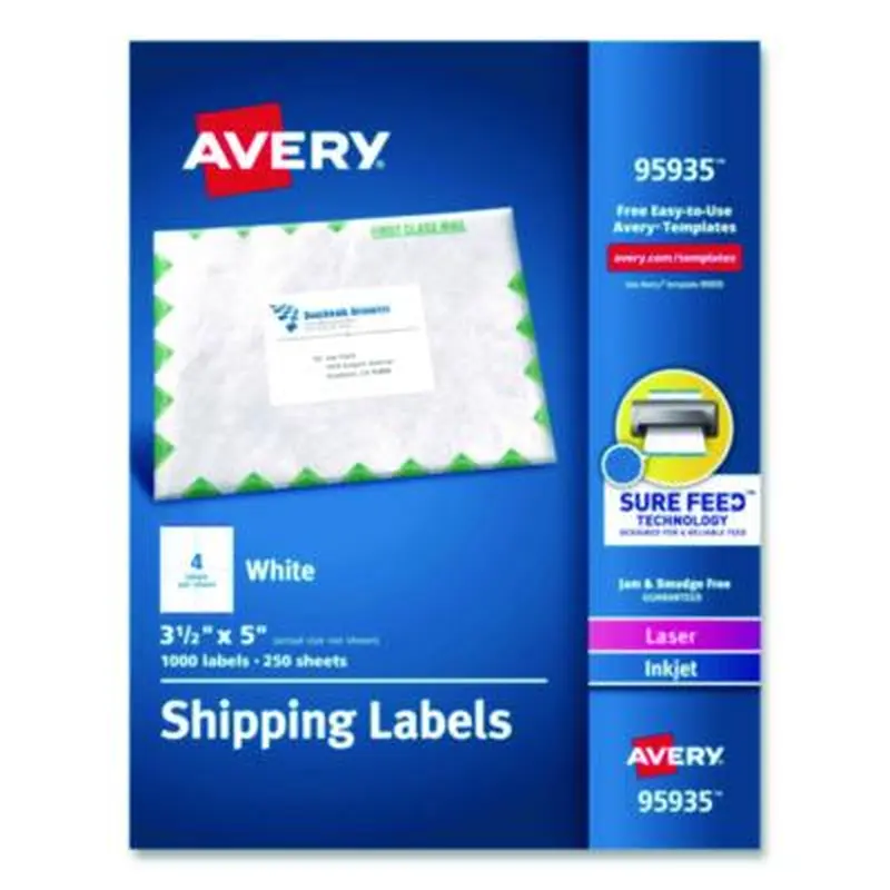 White Shipping Labels-Bulk Packs, Inkjet/Laser Printers, 3.5 x 5, White, 4/Sheet, 250 Sheets/Box - Shipping & Mailing Labels | Avery