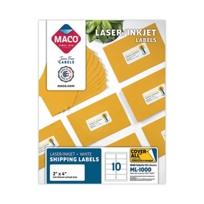 Cover-All Opaque Laser/Inkjet Shipping Labels, Inkjet/Laser Printers, 2 x 4, White, 10 Labels/Sheet, 100 Sheets/Box - Shipping & Mailing Labels | MACO