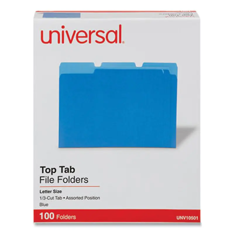 Deluxe Colored Top Tab File Folders, 1/3-Cut Tabs: Assorted, Letter Size, Blue/Light Blue, 100/Box - File Folders | Universal