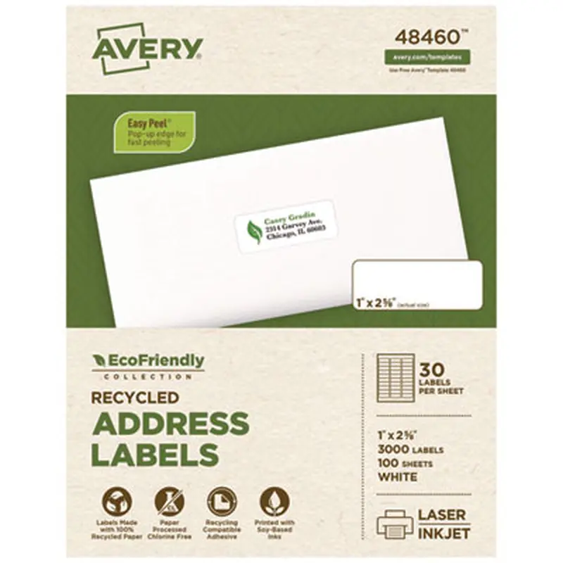 EcoFriendly Mailing Labels, Inkjet/Laser Printers, 1 x 2.63, White, 30/Sheet, 100 Sheets/Pack - Shipping & Mailing Labels | Avery