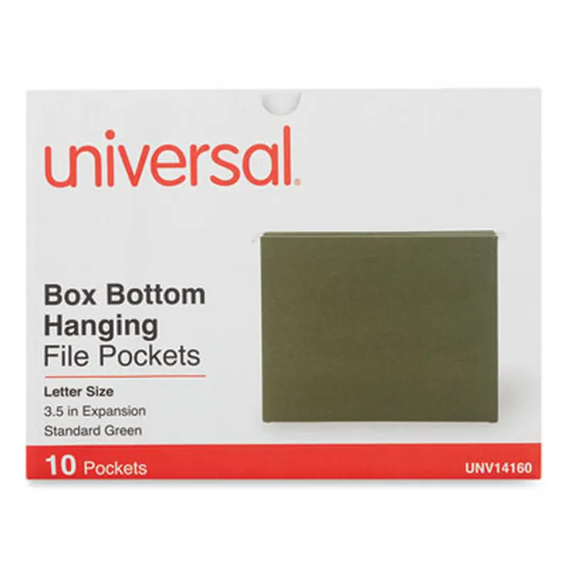 Hanging Box Bottom File Pockets, 1 Section, 3.5" Capacity, Letter Size, Standard Green, 10/Box - Hanging File Folders | Universal