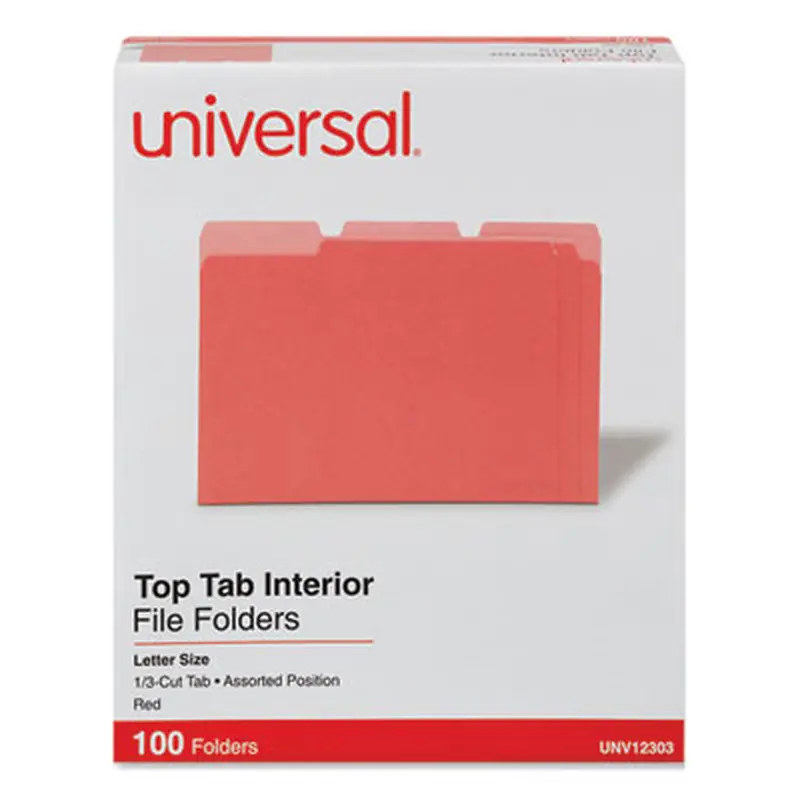 Interior File Folders, 1/3-Cut Tabs: Assorted, Letter Size, 11-pt Stock, Red, 100/Box - File Folders | Universal