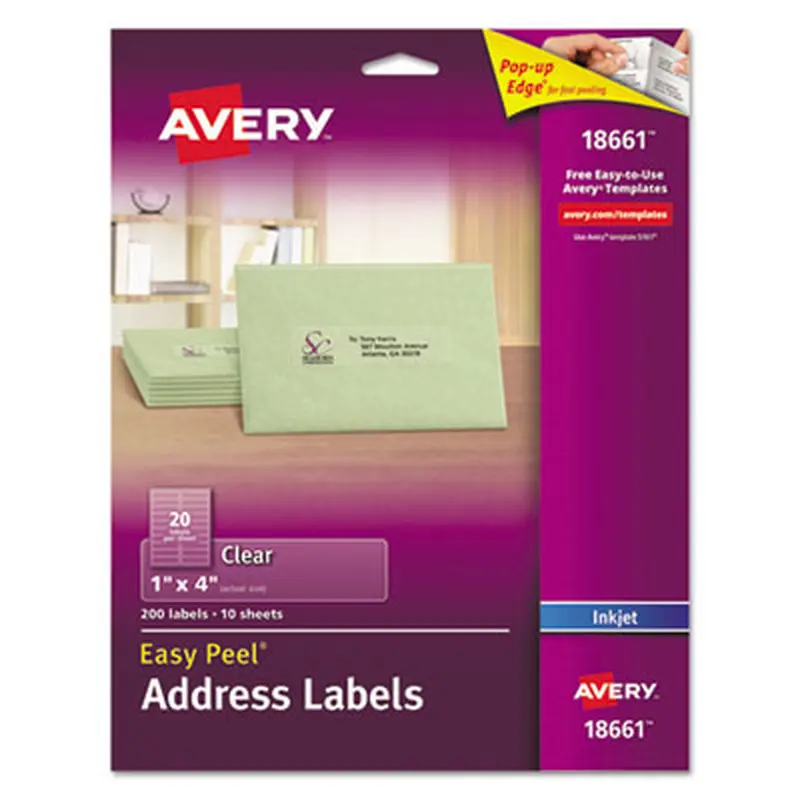 Matte Clear Easy Peel Mailing Labels w/ Sure Feed Technology, Inkjet Printers, 1 x 4, Clear, 20/Sheet, 10 Sheets/Pack - Shipping & Mailing Labels | Avery