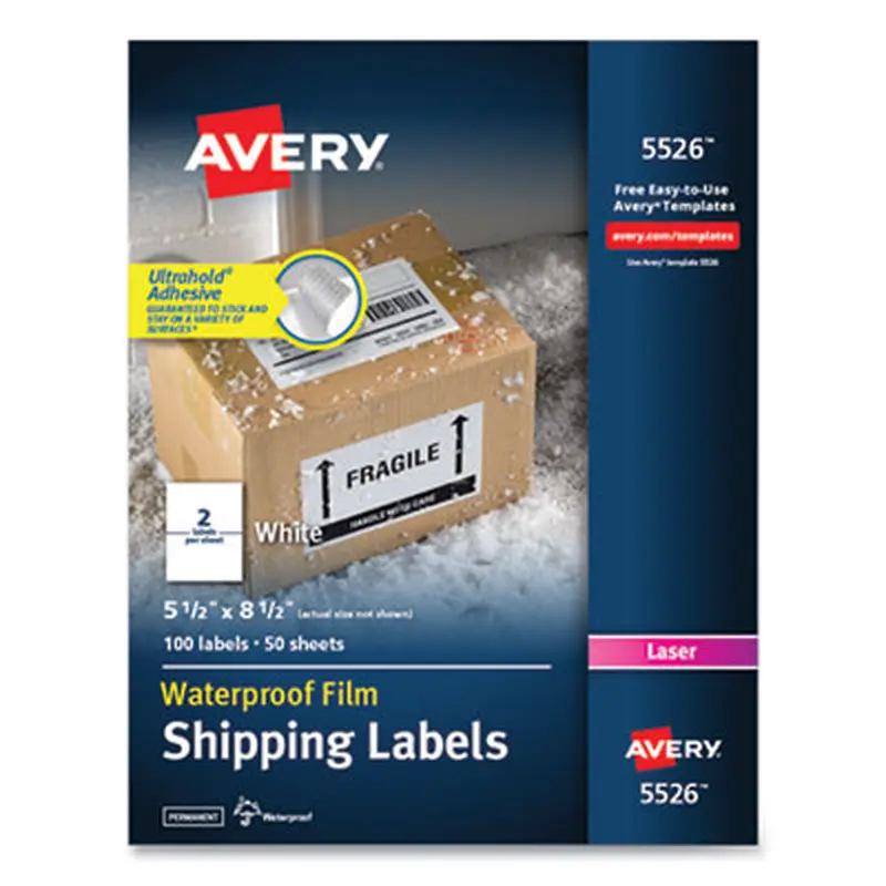 Waterproof Shipping Labels with TrueBlock Technology, Laser Printers, 5.5 x 8.5, White, 2/Sheet, 50 Sheets/Pack - Shipping & Mailing Labels | Avery
