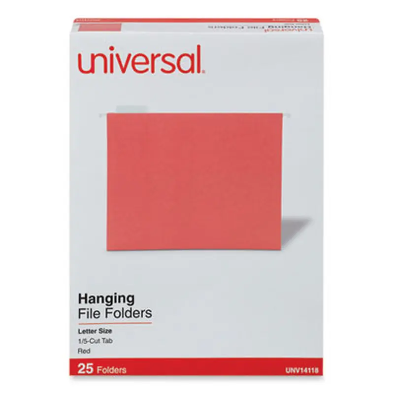 Deluxe Bright Color Hanging File Folders, Letter Size, 1/5-Cut Tabs, Red, 25/Box - Hanging File Folders | Universal