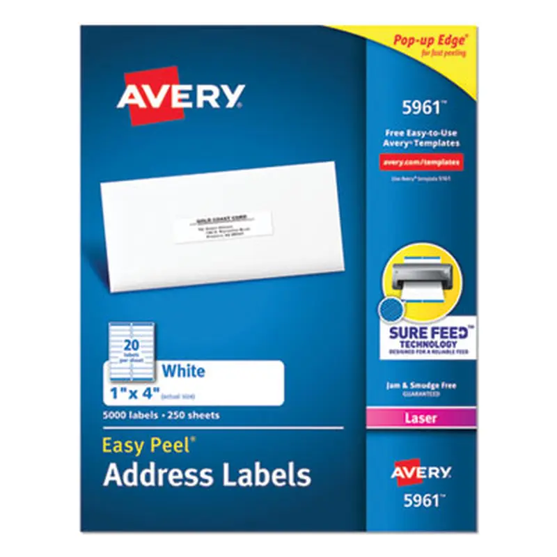Easy Peel White Address Labels w/ Sure Feed Technology, Laser Printers, 1 x 4, White, 20/Sheet, 250 Sheets/Box - Shipping & Mailing Labels | Avery