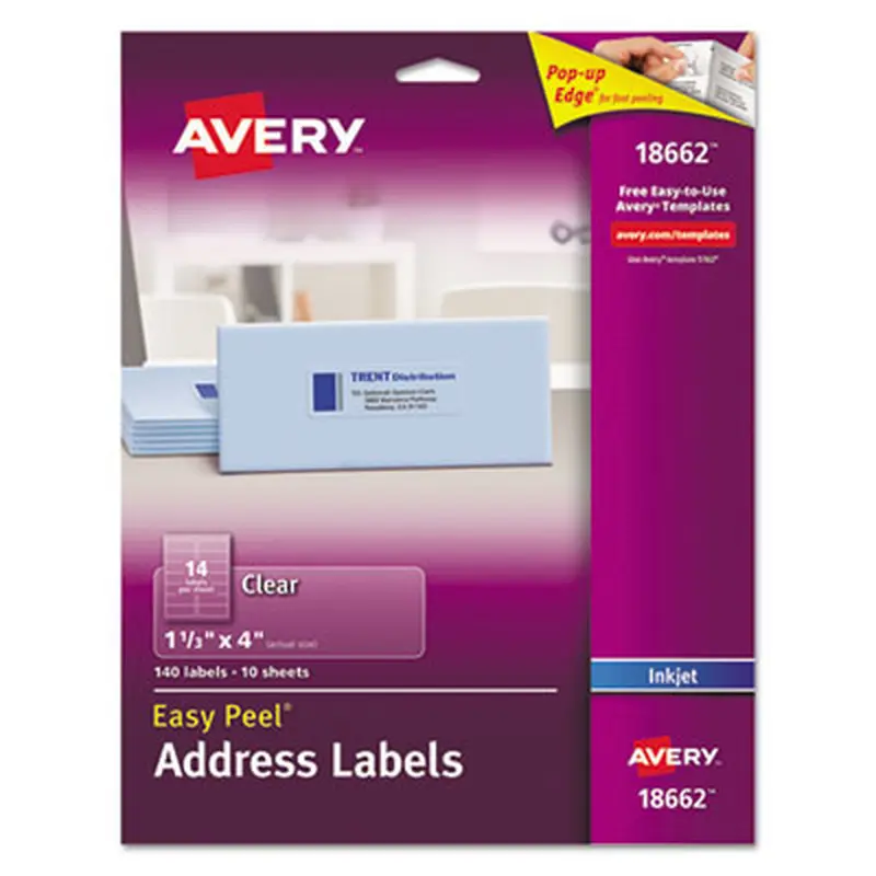Matte Clear Easy Peel Mailing Labels w/ Sure Feed Technology, Inkjet Printers, 1.33 x 4, Clear, 14/Sheet, 10 Sheets/Pack - Shipping & Mailing Labels | Avery