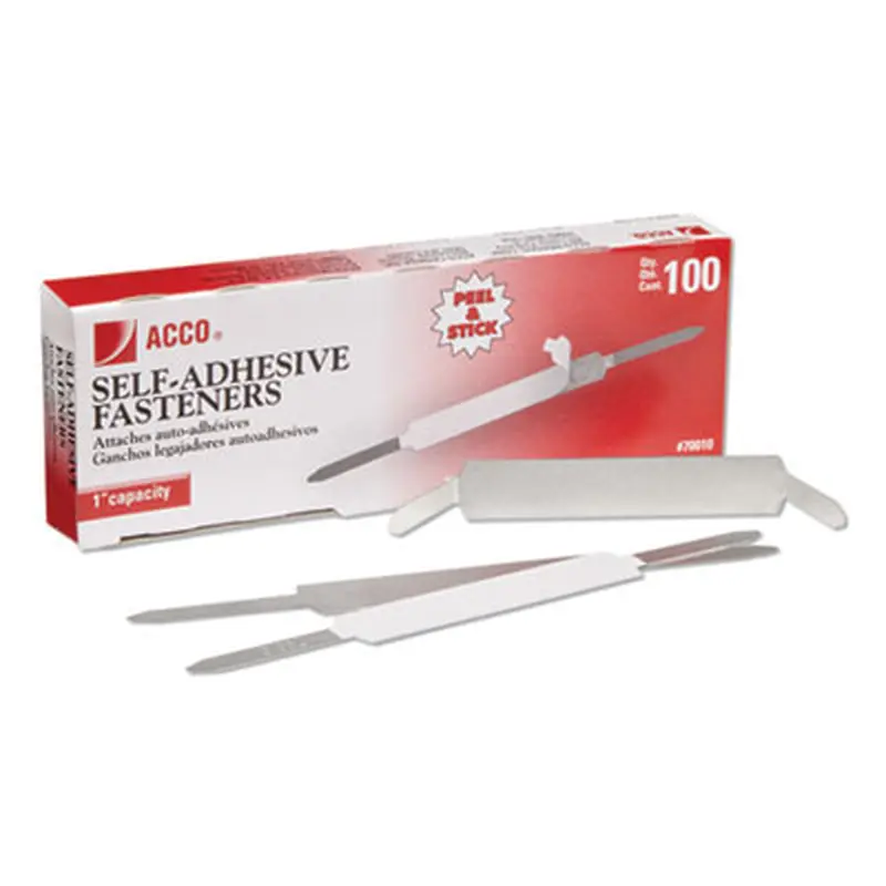Self-Adhesive Two-Prong Paper Fastener Bases, 1" Capacity, 2.75" Center to Center, Matte Steel, 100/Box - File Fasteners | ACCO