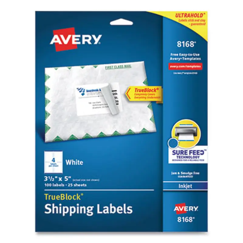 Shipping Labels w/ TrueBlock Technology, Inkjet Printers, 3.5 x 5, White, 4/Sheet, 25 Sheets/Pack - Shipping & Mailing Labels | Avery