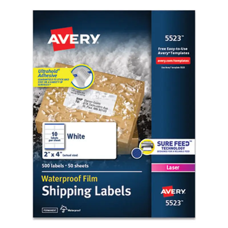 Waterproof Shipping Labels with TrueBlock and Sure Feed, Laser Printers, 2 x 4, White, 10/Sheet, 50 Sheets/Pack - Shipping & Mailing Labels | Avery