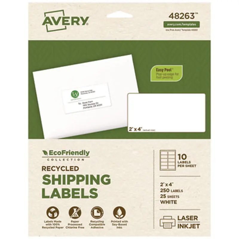 EcoFriendly Mailing Labels, Inkjet/Laser Printers, 2 x 4, White, 10/Sheet, 25 Sheets/Pack - Shipping & Mailing Labels | Avery