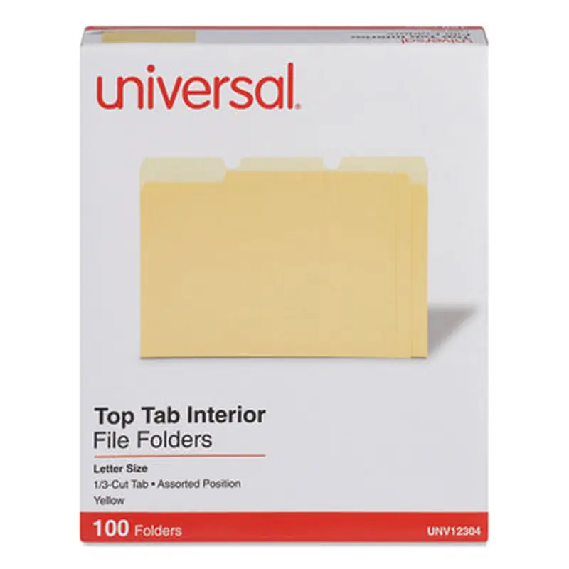 Interior File Folders, 1/3-Cut Tabs: Assorted, Letter Size, 11-pt Stock, Yellow, 100/Box - File Folders | Universal