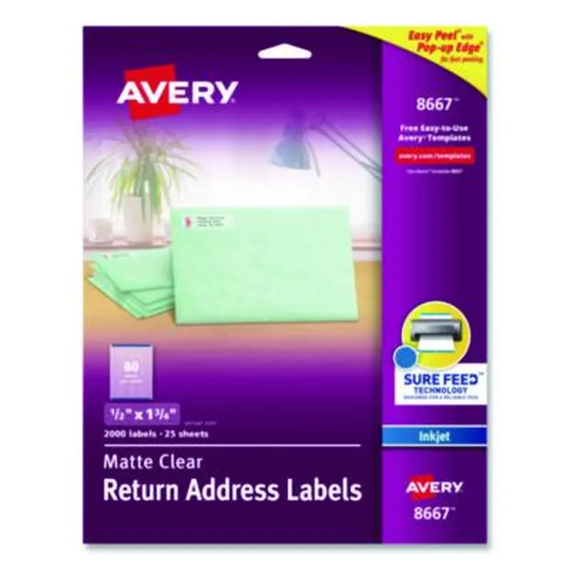 Matte Clear Easy Peel Mailing Labels with Sure Feed Technology, Inkjet Printers, 0.5 x 1.75, Clear, 80/Sheet, 25 Sheets/Pack - Shipping & Mailing Labels | Avery