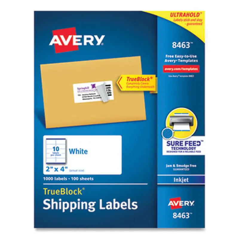 Shipping Labels w/ TrueBlock Technology, Inkjet Printers, 2 x 4, White, 10/Sheet, 100 Sheets/Box - Shipping & Mailing Labels | Avery