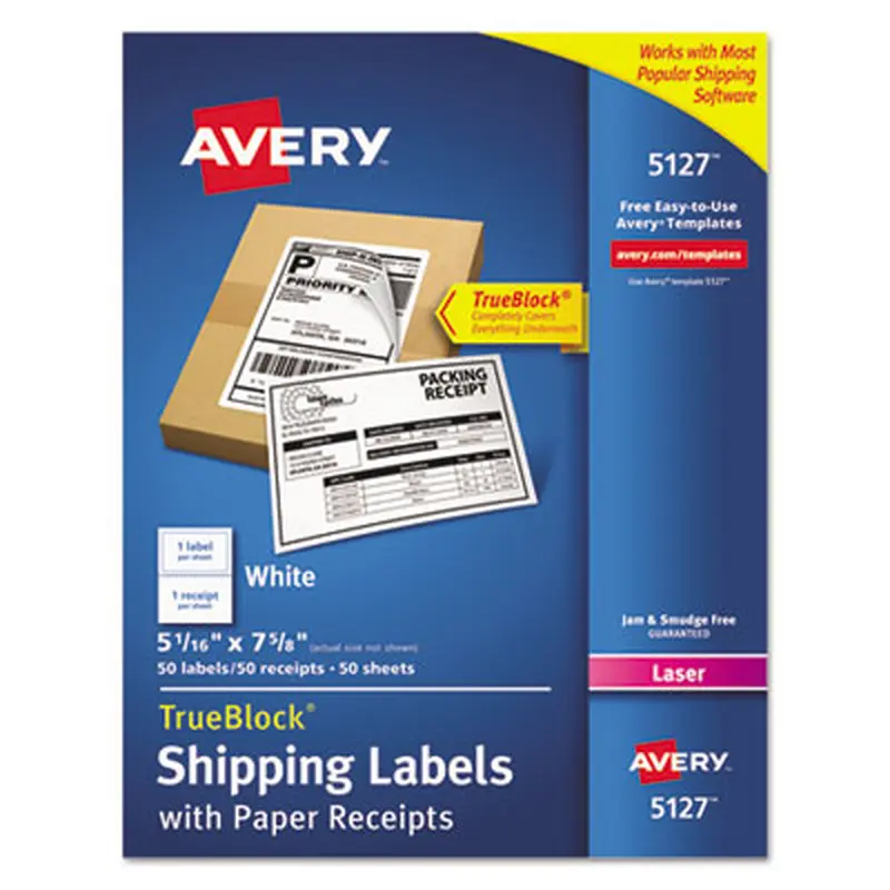 Shipping Labels with Paper Receipt and TrueBlock Technology, Inkjet/Laser Printers, 5.06 x 7.63, White, 50/Pack - Shipping & Mailing Labels | Avery