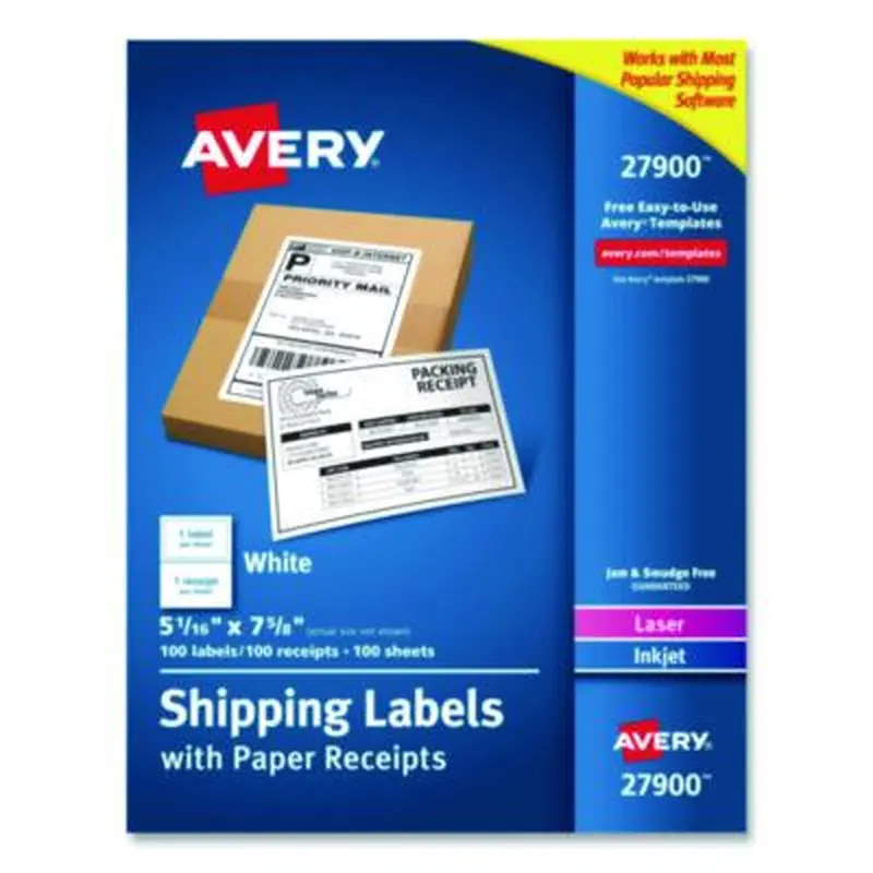 Shipping Labels with Paper Receipt Bulk Pack, Inkjet/Laser Printers, 5.06 x 7.63, White, 100/Box - Shipping & Mailing Labels | Avery