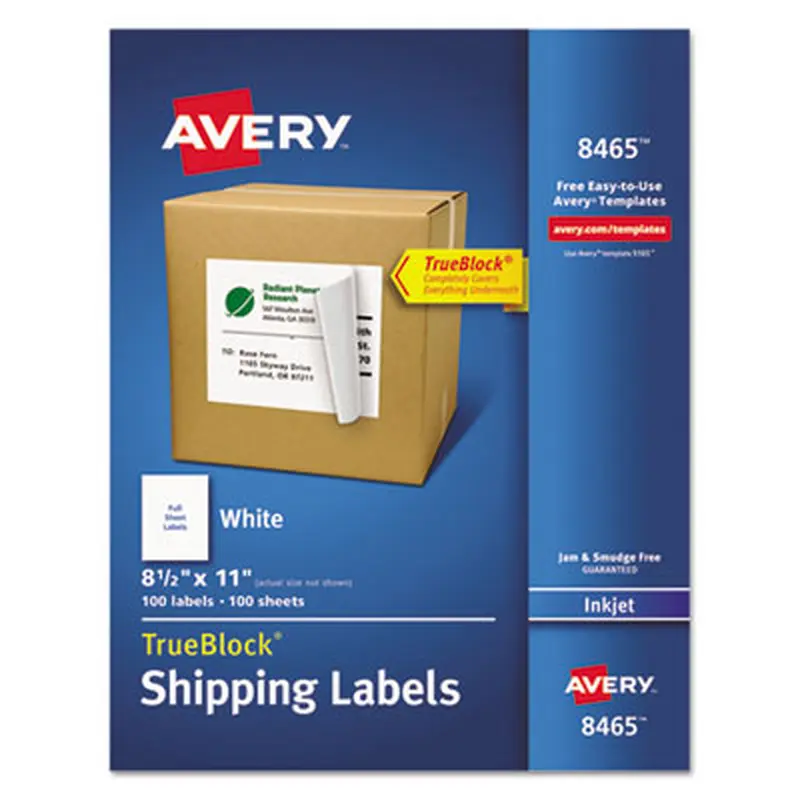 Shipping Labels with TrueBlock Technology, Inkjet Printers, 8.5 x 11, White, 100/Box - Shipping & Mailing Labels | Avery