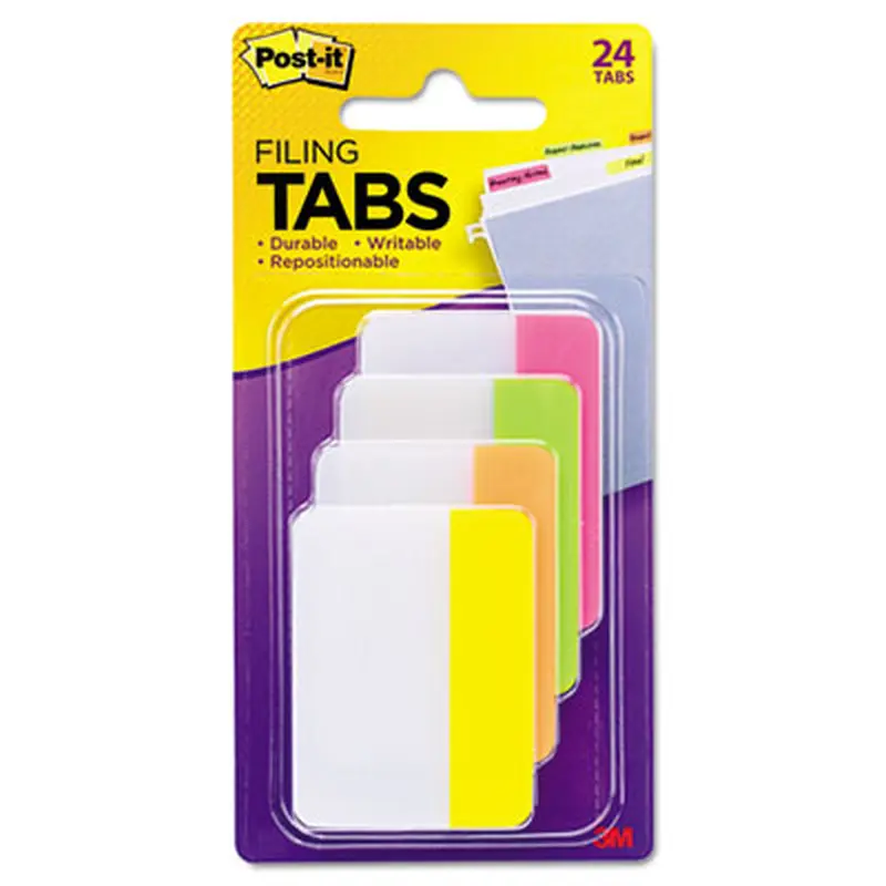 Solid Color Tabs, 1/5-Cut, Assorted Bright Colors, 2" Wide, 24/Pack - File Inserts/Tabs | Post-it Tabs