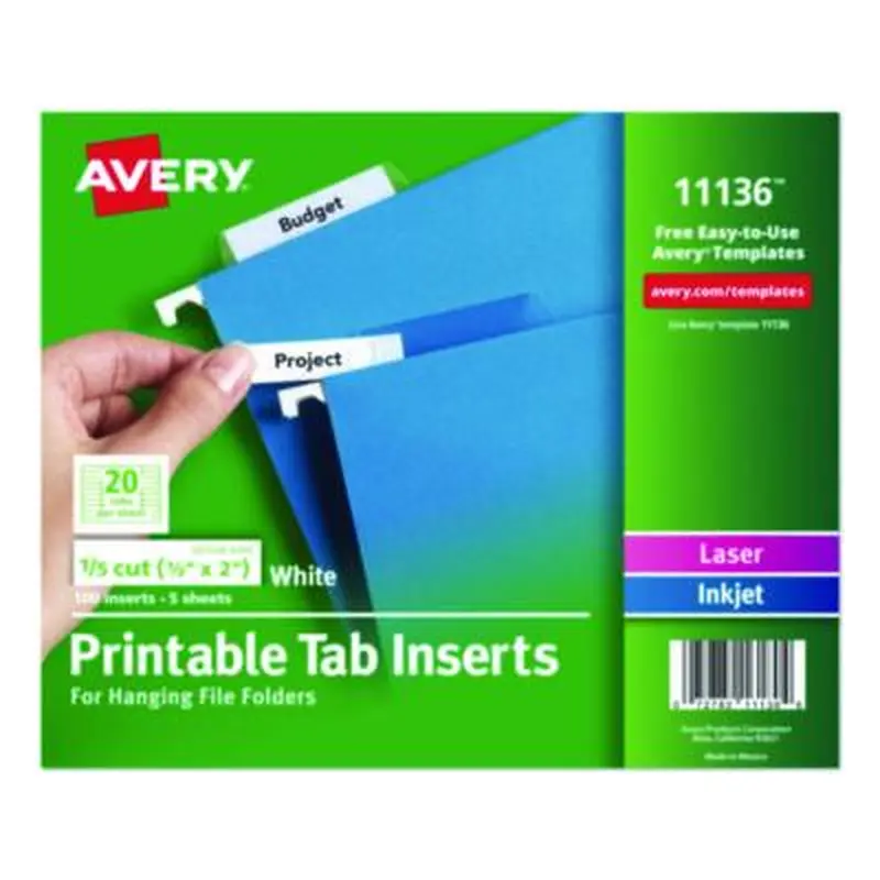 Tabs Inserts For Hanging File Folders, 1/5-Cut, White, 2" Wide, 100/Pack - File Inserts/Tabs | Avery