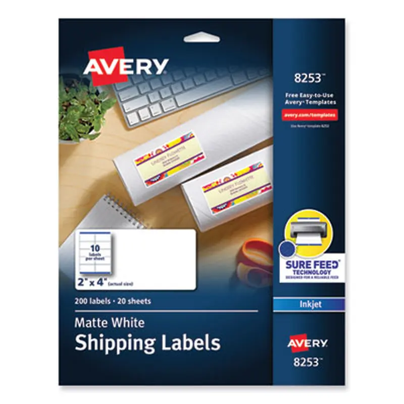 Vibrant Inkjet Color-Print Labels w/ Sure Feed, 2 x 4, Matte White, 200/PK - Shipping & Mailing Labels | Avery