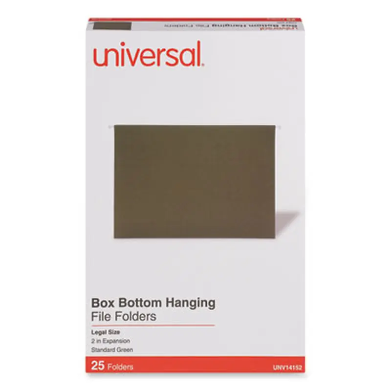 Box Bottom Hanging File Folders, 2" Capacity, Legal Size, 1/5-Cut Tabs, Standard Green, 25/Box - Hanging File Folders | Universal