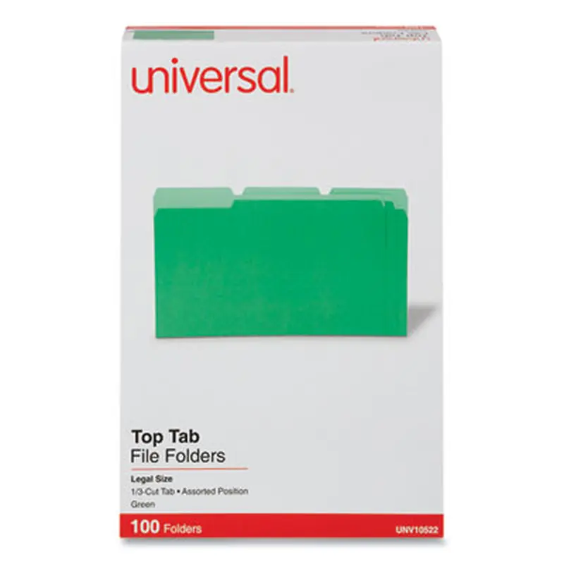 Deluxe Colored Top Tab File Folders, 1/3-Cut Tabs: Assorted, Legal Size, Bright Green/Light Green, 100/Box - File Folders | Universal
