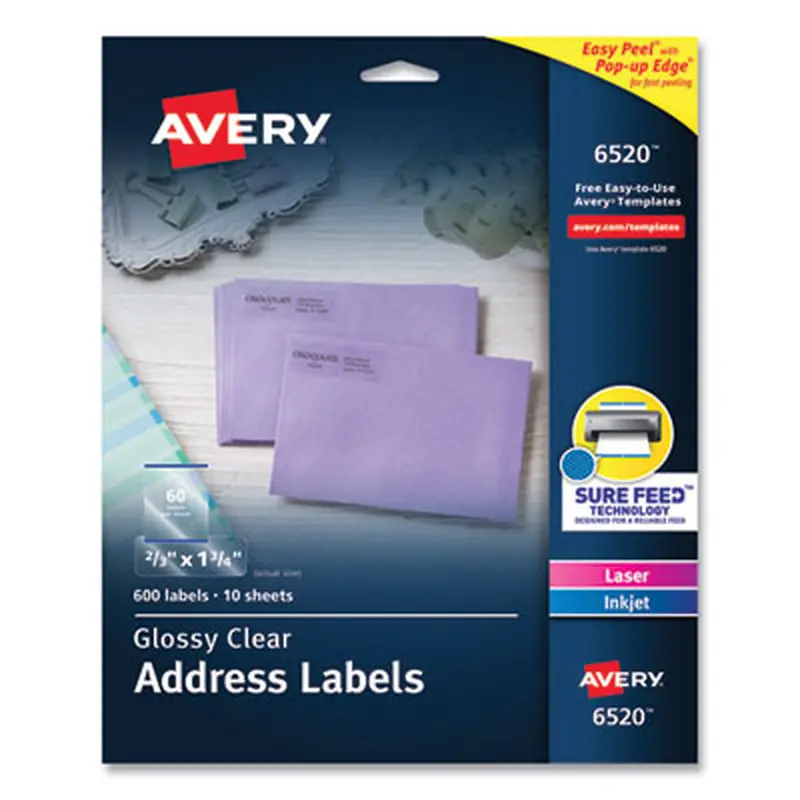 Glossy Clear Easy Peel Mailing Labels w/ Sure Feed Technology, Inkjet/Laser Printers, 0.66 x 1.75, 60/Sheet, 10 Sheets/PK - Shipping & Mailing Labels | Avery