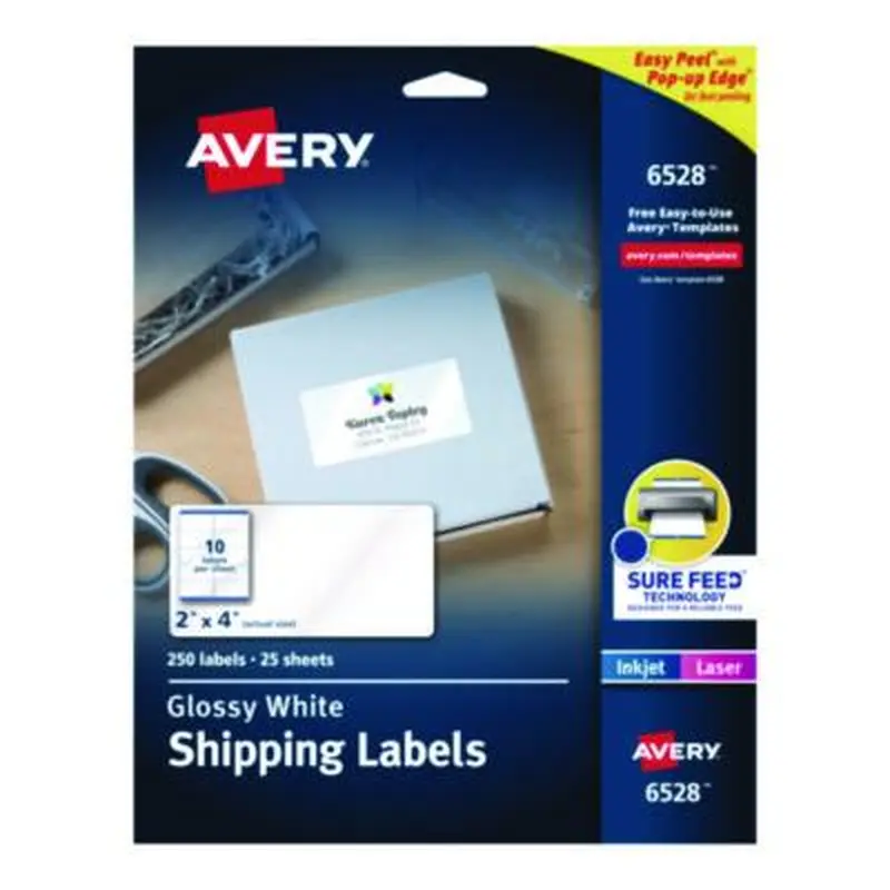 Glossy White Easy Peel Mailing Labels w/ Sure Feed Technology, Laser Printers, 2 x 4, White, 10/Sheet, 25 Sheets/Pack - Shipping & Mailing Labels | Avery