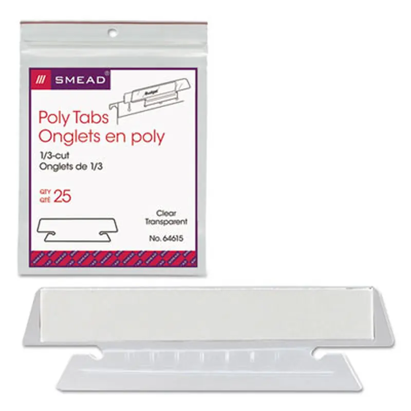 Poly Index Tabs and Inserts For Hanging File Folders, 1/3-Cut, White/Clear, 3.5" Wide, 25/Pack - File Inserts/Tabs | Smead