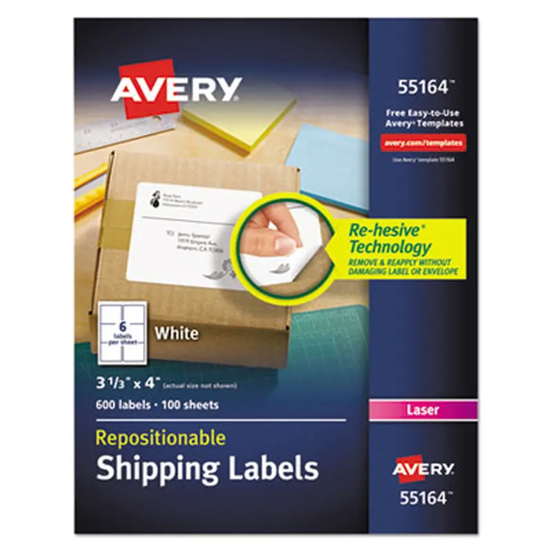 Repositionable Shipping Labels w/SureFeed, Laser, 3.33 x 4, White, 600/Box - Shipping & Mailing Labels | Avery