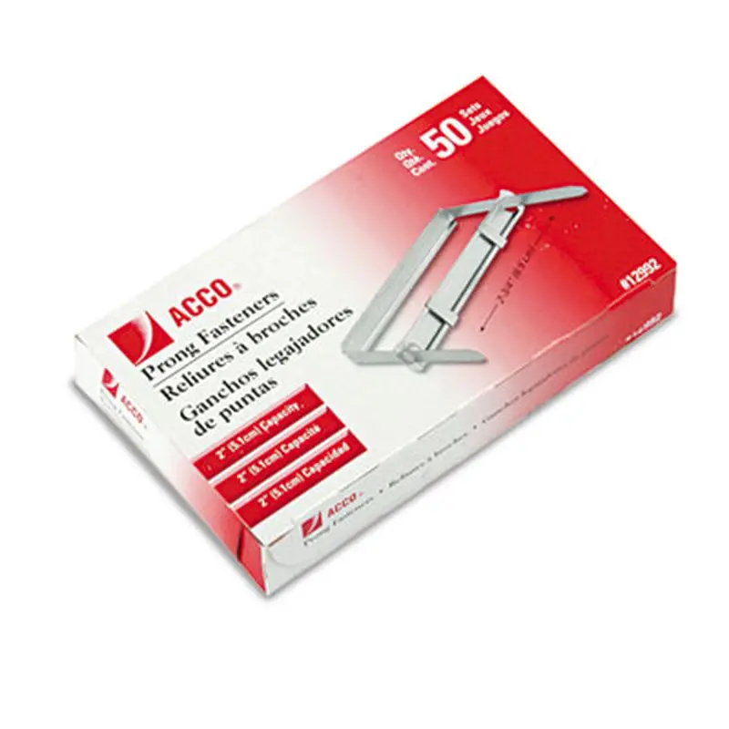 Standard Two-Piece Two-Prong Paper Fastener Base and Compressor Sets, 2" Capacity, 2.75" Center to Center, Silver, 50/Box - File Fasteners | ACCO