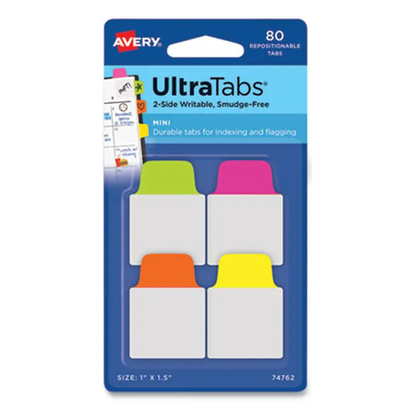 Ultra Tabs Repositionable Tabs, Mini Tabs: 1" x 1.5", 1/5-Cut, Assorted Neon Colors, 80/Pack - File Inserts/Tabs | Avery