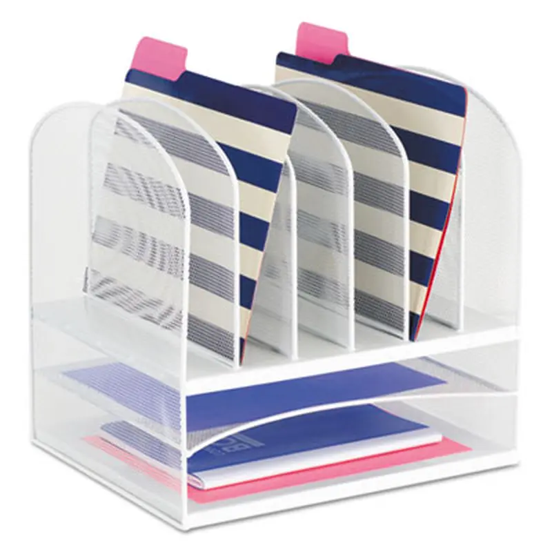 Onyx Mesh Desk Organizer with Two Horizontal and Six Upright Sections, Letter Size Files, 13.25" x 11.5" x 13", White - Desktop Document Racks & Sorters | Safco